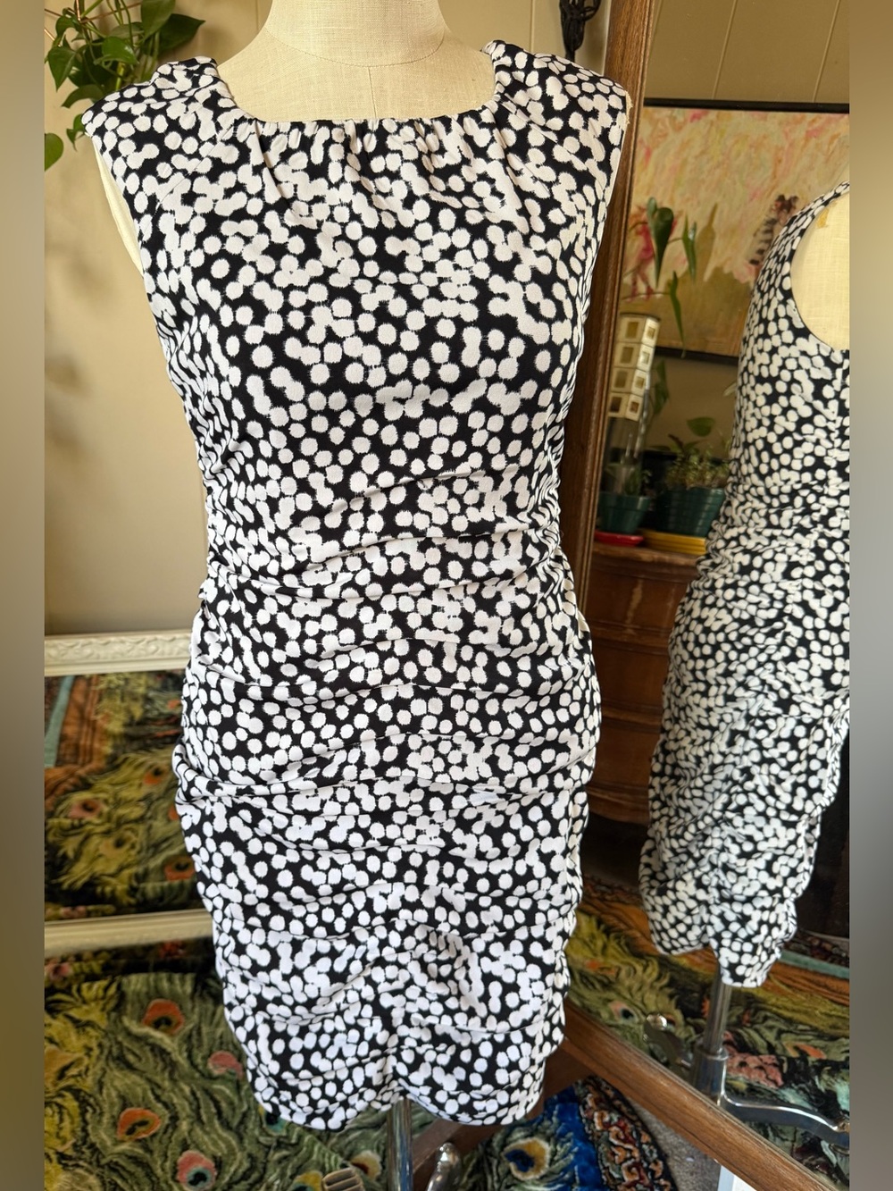 Taylor Dress Polka Dot Ruched Bodycon White Black Professional Size 10